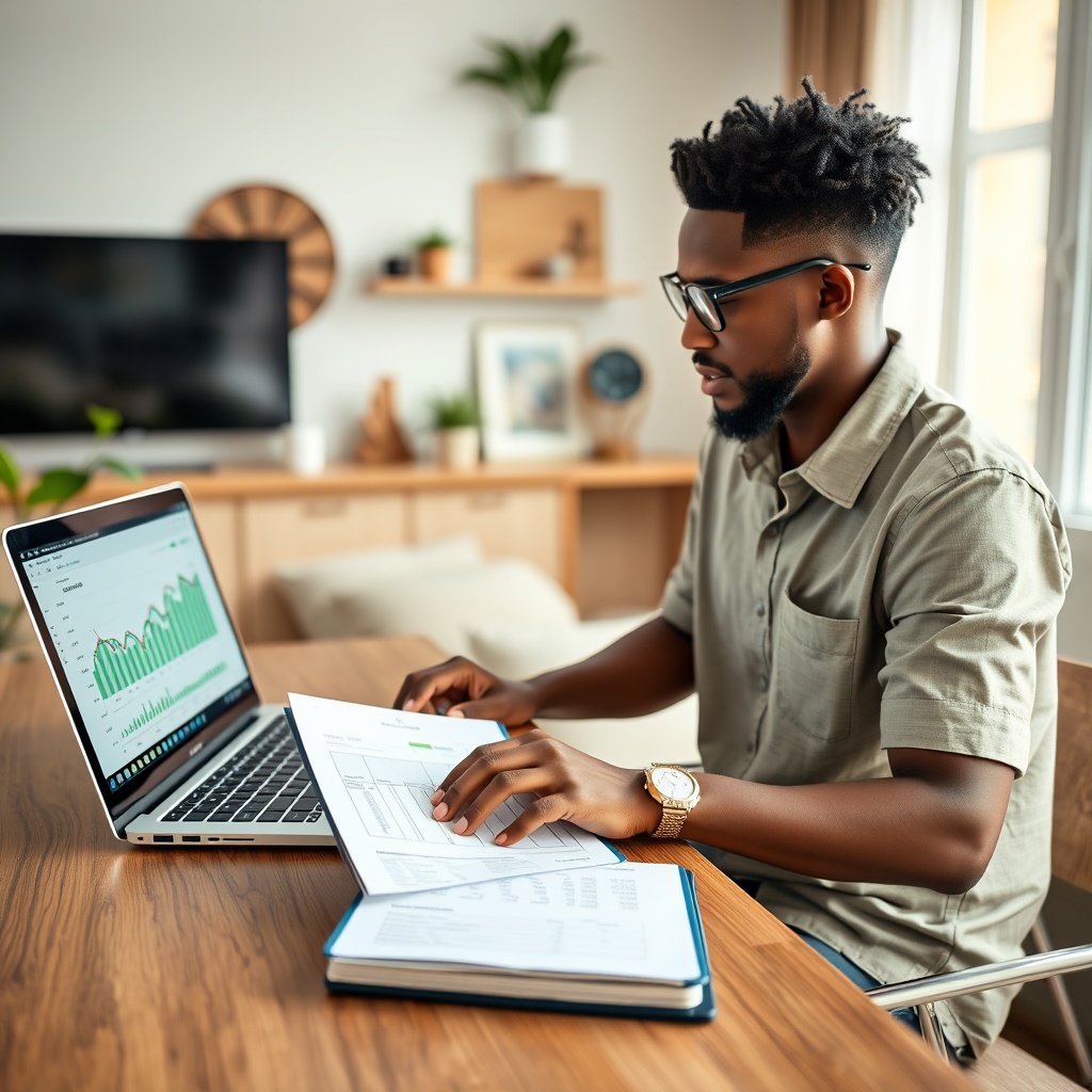Professional stock photo of a freelancer in Saint Vincent analyzing market data charts on a laptop, with a notepad showing pricing calculations, in a modern home office setting with Caribbean decor accents.
