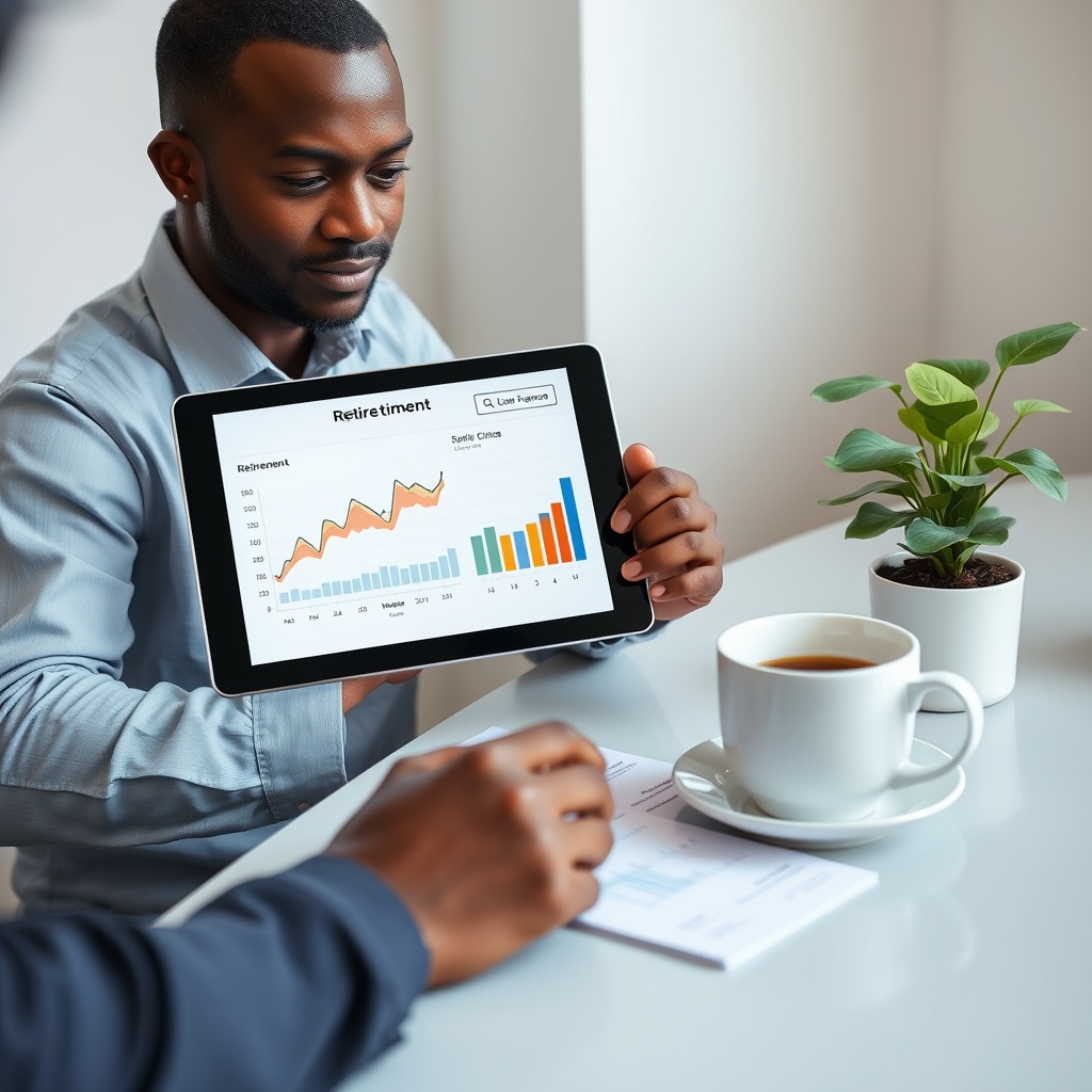 Professional stock photo of a Saint Vincent freelancer reviewing retirement and investment portfolio charts on a tablet, with a coffee cup and plant on a desk, symbolizing long-term financial planning and security.
