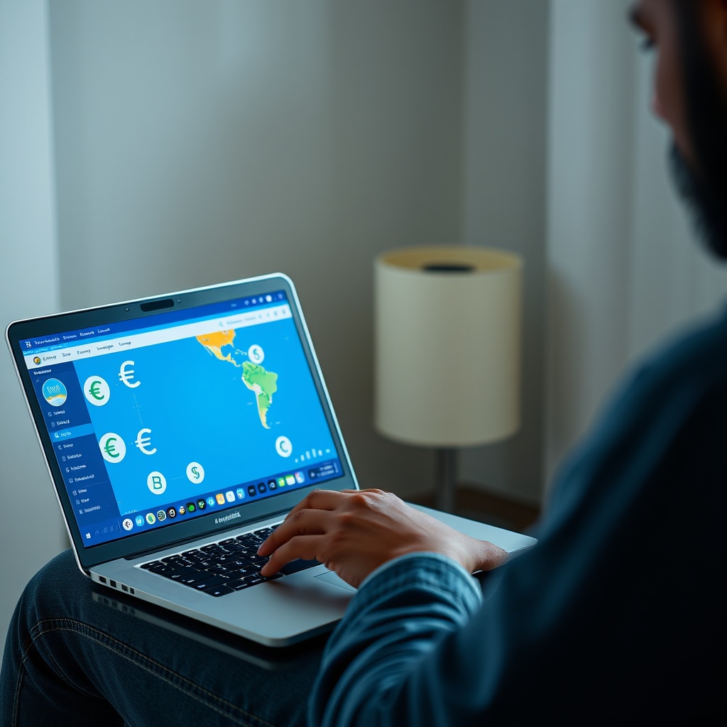 Professional stock photo of a freelancer in Saint Vincent working on a laptop with multiple currency symbols displayed on screen, international banking apps open, and a passport visible, representing cross-border financial management.
