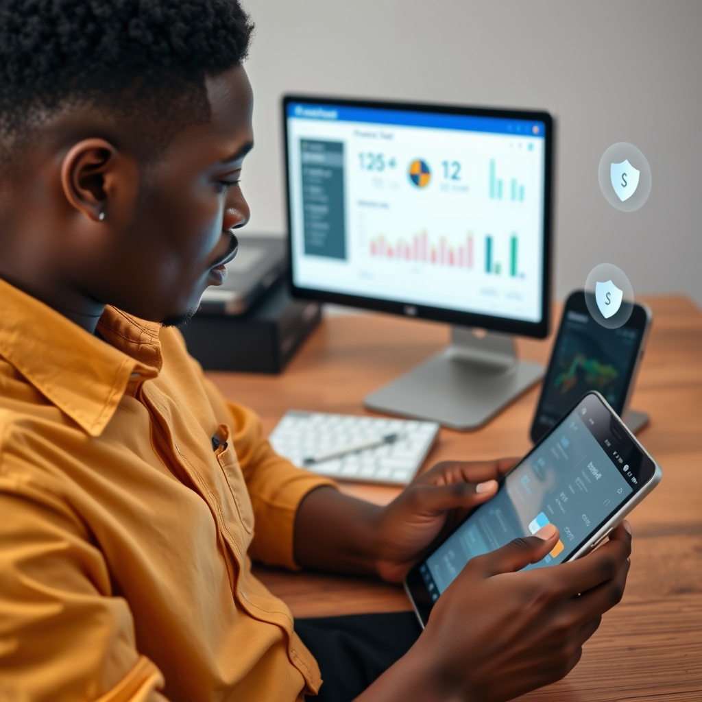 Professional stock photo of a Liberian freelancer using financial technology tools on multiple devices, with automated payment dashboards and cybersecurity shield icons visible.