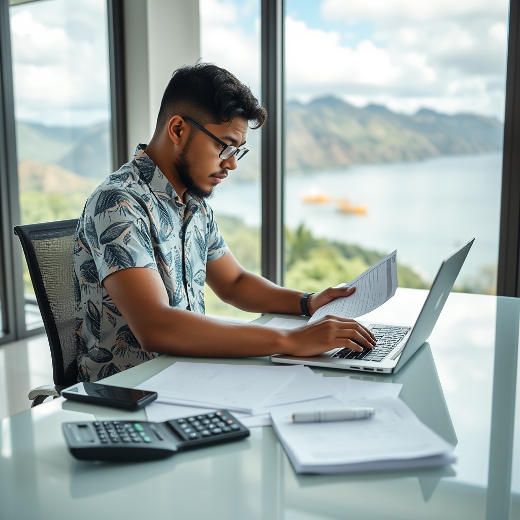 A professional stock photo of a Samoan freelancer at a modern desk, reviewing tax documents on a laptop with a calculator and organized financial papers, set against a backdrop of Samoa's natural scenery visible through a window.