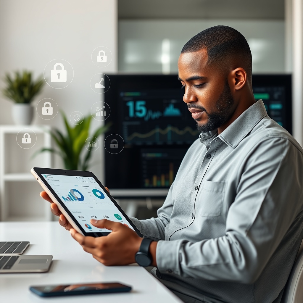 A professional stock photo of a Samoan freelancer using a tablet to access financial dashboards and analytics software, with secure digital icons for data protection and a clean, modern workspace.