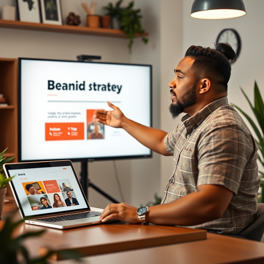 A professional stock photo of a Samoan freelancer presenting a brand strategy on a digital screen, with a sleek portfolio website open on a laptop and subtle Samoan cultural elements in the office decor.