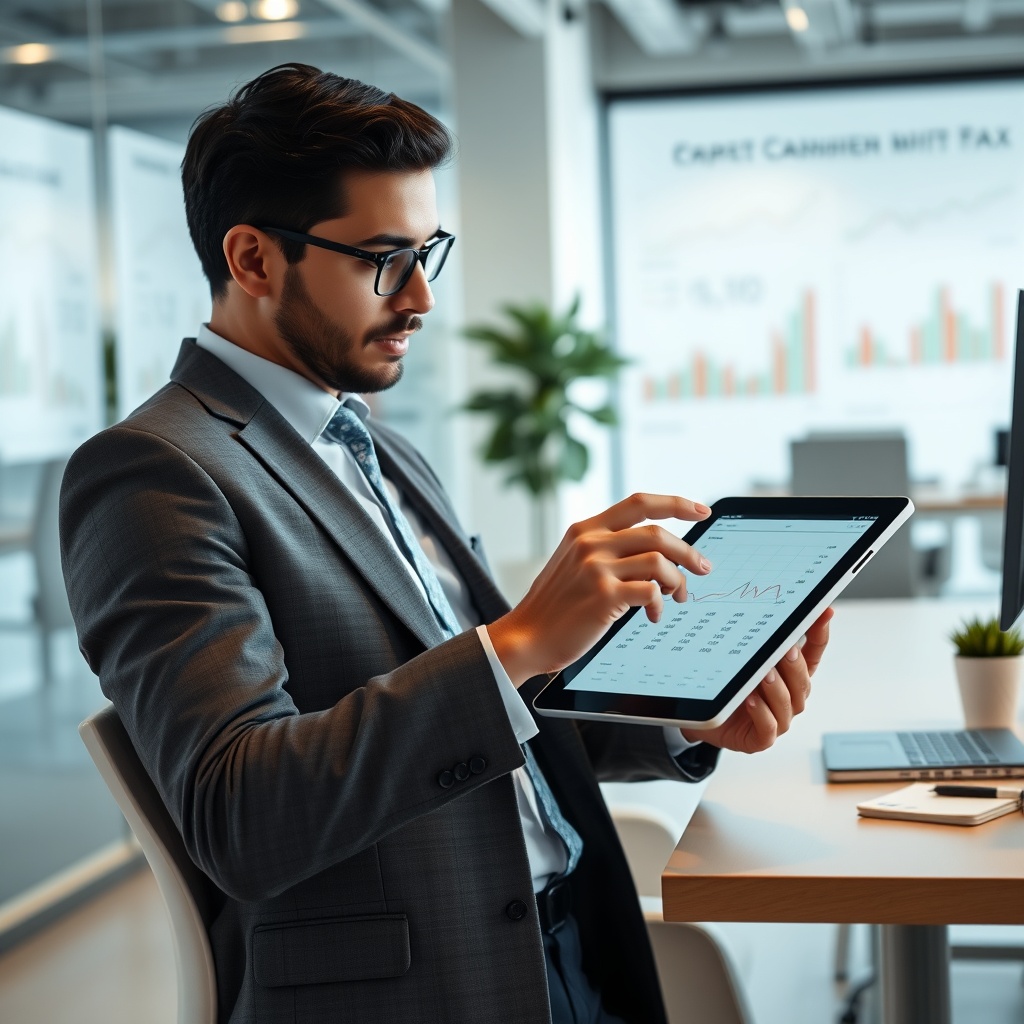 Professional stock photo of a person analyzing cryptocurrency tax calculations on a digital tablet, with charts and graphs visible in the background, set in a modern office environment.