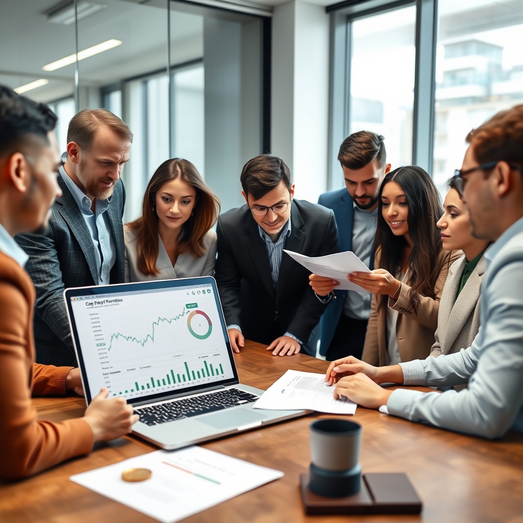 Professional stock photo of a diverse group of people consulting with a financial advisor over documents and a laptop displaying cryptocurrency portfolio data, in a bright, contemporary meeting room.