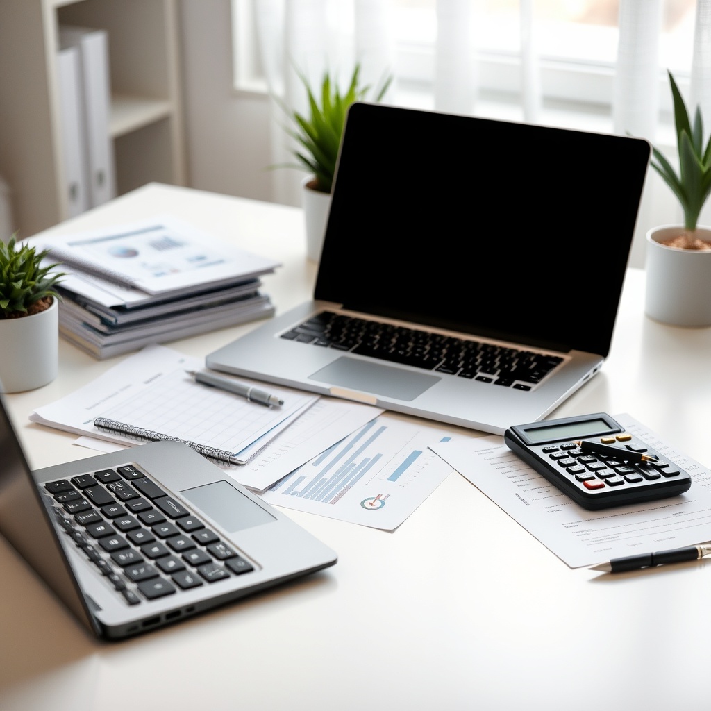 Professional stock photo of a modern home office setup with a laptop, organized financial documents, and a calculator on a clean desk, representing financial management systems for freelancers.