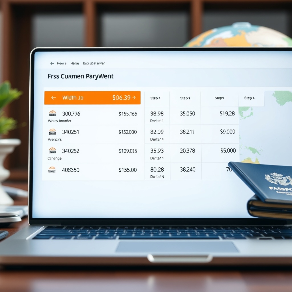 Professional stock photo of a laptop screen showing international payment transfers and currency exchange rates, with a globe and passport in the background, representing cross-border client work.