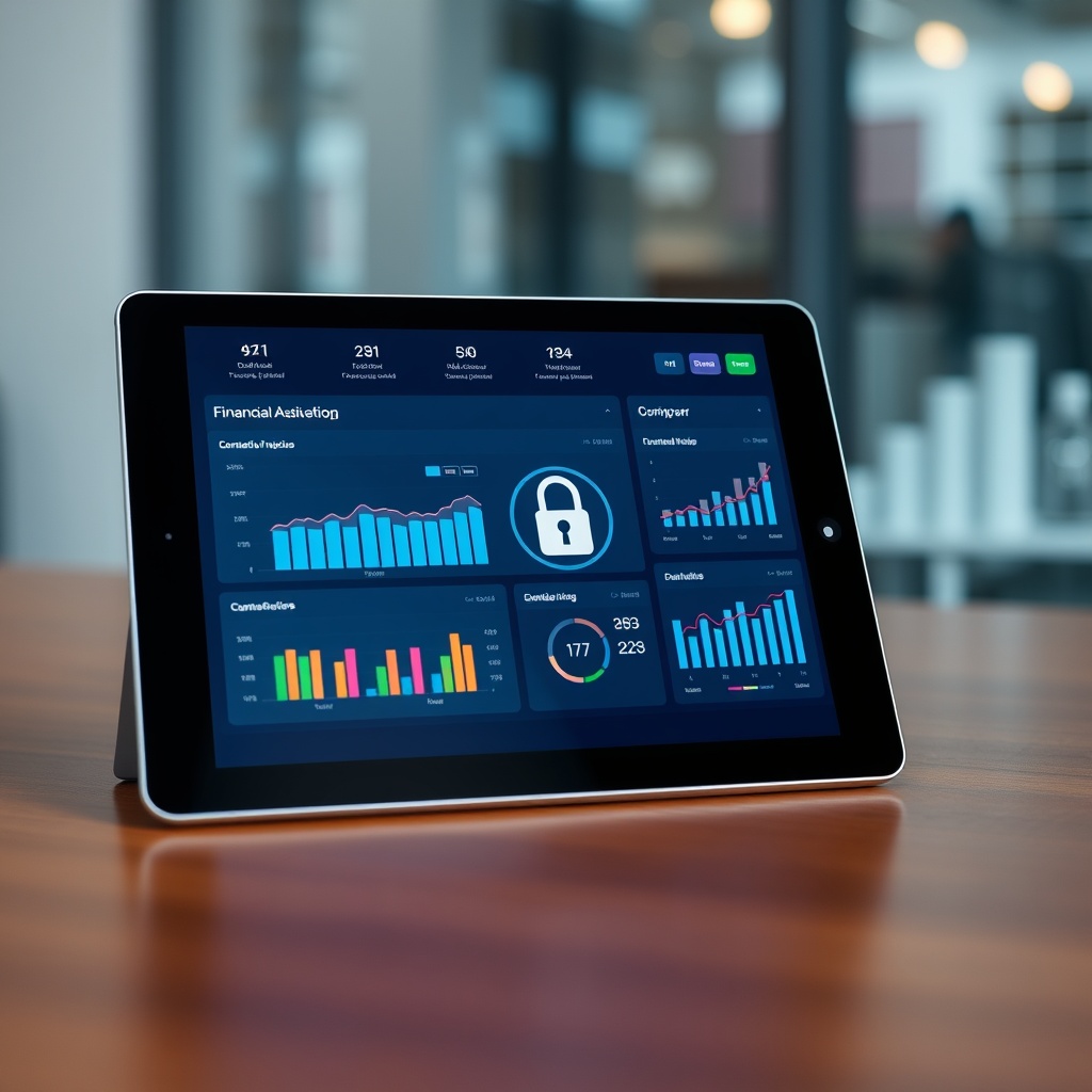 Professional stock photo of a sleek digital dashboard on a tablet displaying financial software analytics and automation tools, with a secure lock icon, representing technology for financial efficiency.