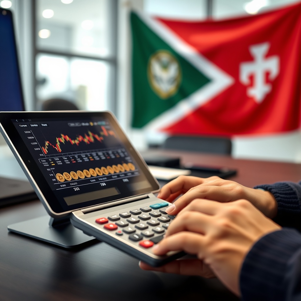 Professional stock photo of a person using a calculator and digital tablet with cryptocurrency charts on screen, representing tax calculation, in a modern office setting with Sao Tome flag subtly in background.