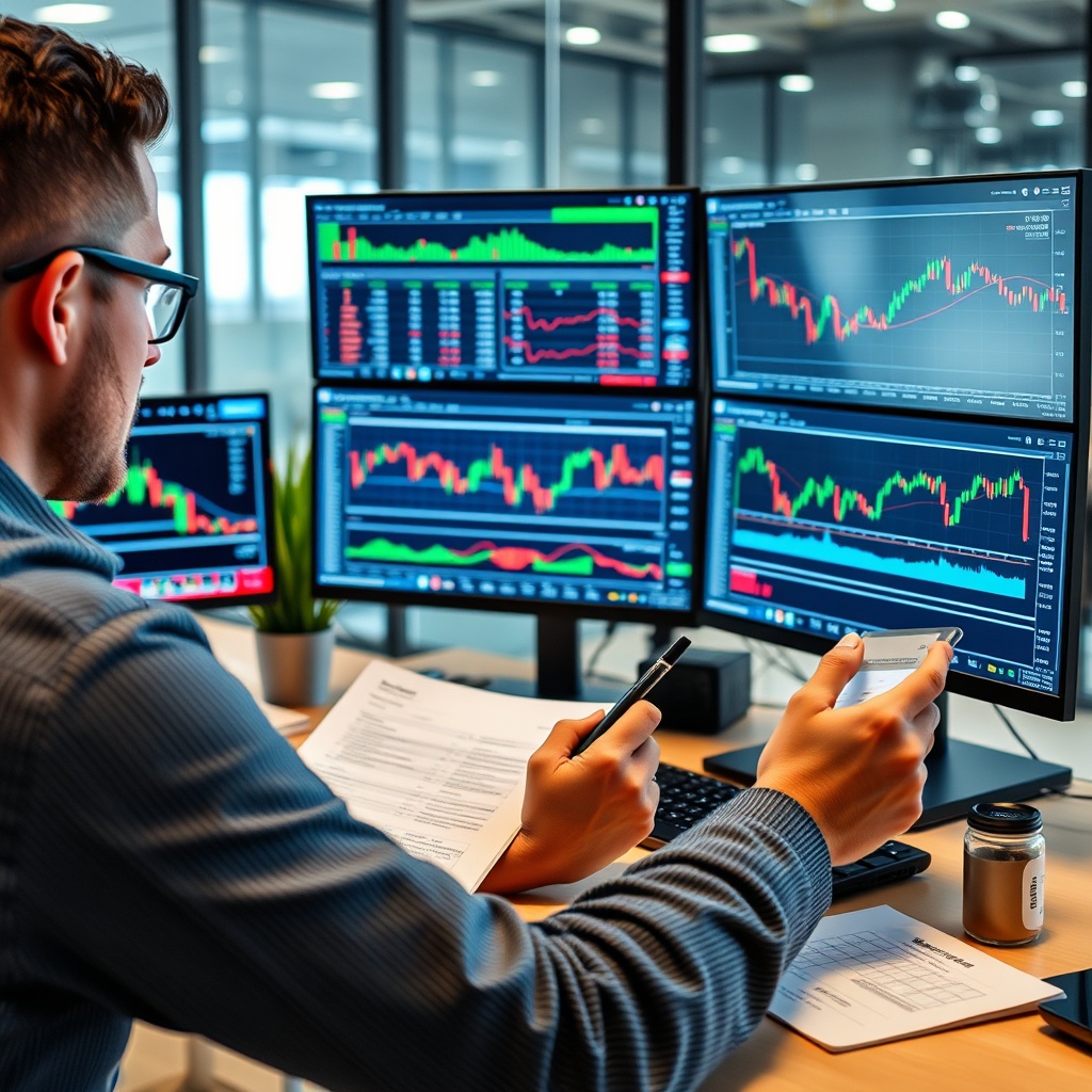 Professional stock photo of a person analyzing multiple cryptocurrency trading screens with strategic planning notes, representing tax-efficient investment strategies, in a contemporary financial workspace.