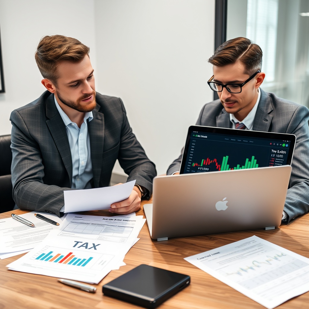 Professional stock photo of a person consulting with a tax professional over documents and laptop showing crypto portfolio data, representing expert guidance, in a professional meeting room.