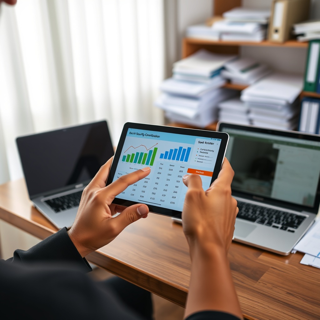 Professional stock photo of a person in a home office in São Tomé, reviewing a digital tablet displaying financial charts and a social security contribution calculator, with a laptop and organized paperwork in the background.