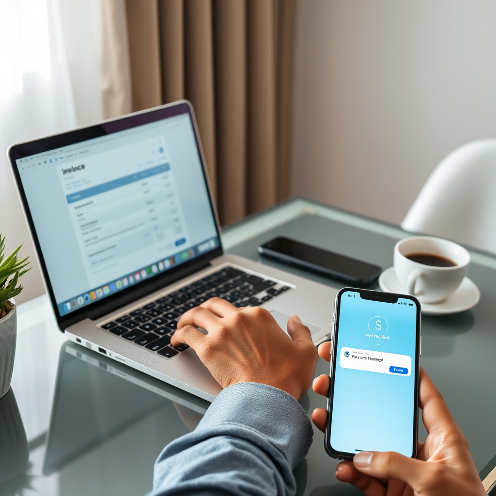 Professional stock photo of a freelancer in São Tomé using a laptop to create a detailed invoice on screen, with a smartphone showing a payment confirmation notification and a cup of coffee on a modern desk.