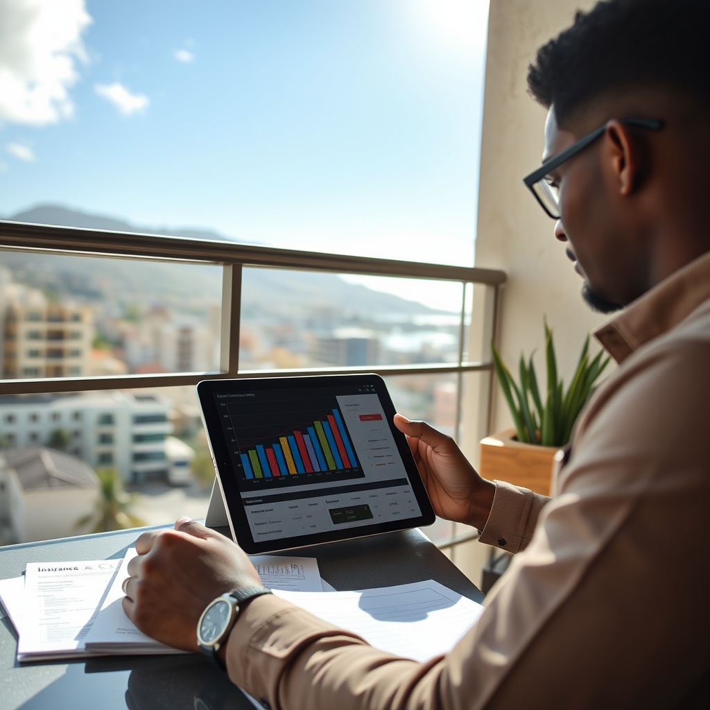 Professional stock photo of a freelancer in São Tomé reviewing a diversified portfolio chart on a tablet, with insurance documents and a savings plan notebook visible on a sunlit balcony overlooking the city.