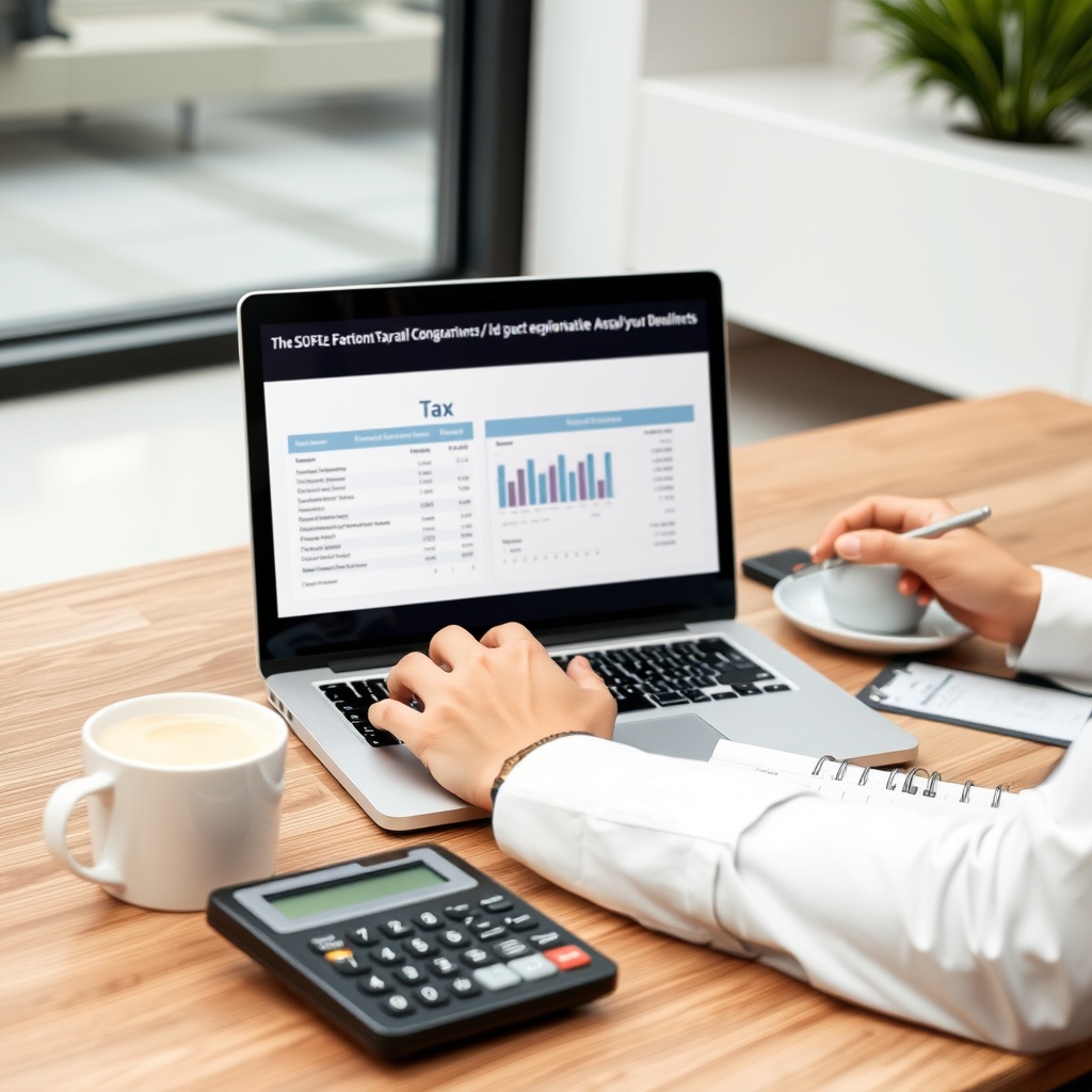 Professional stock photo of a person reviewing tax documents and financial statements on a laptop, with a calculator and coffee cup on a modern desk, representing financial compliance and tax obligations for freelancers.