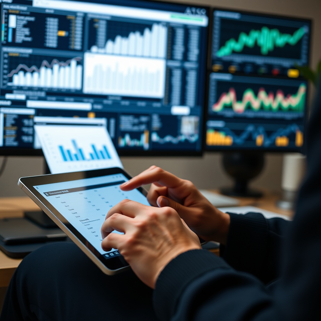 Professional stock photo of a person using accounting software on a tablet with financial charts and graphs displayed on a monitor in the background, representing technology tools for financial compliance.
