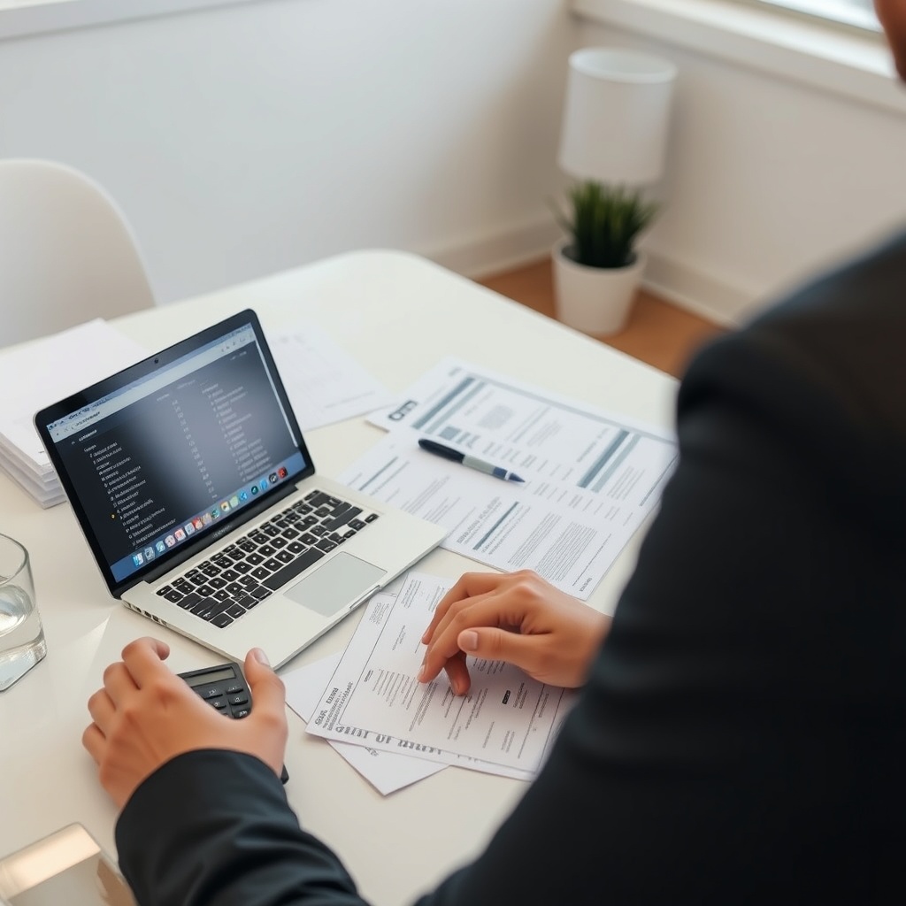 Professional stock photo of a person at a desk with a laptop displaying cryptocurrency transaction data, a calculator, and organized paper documents, representing tax calculation preparation in a clean, modern office setting.
