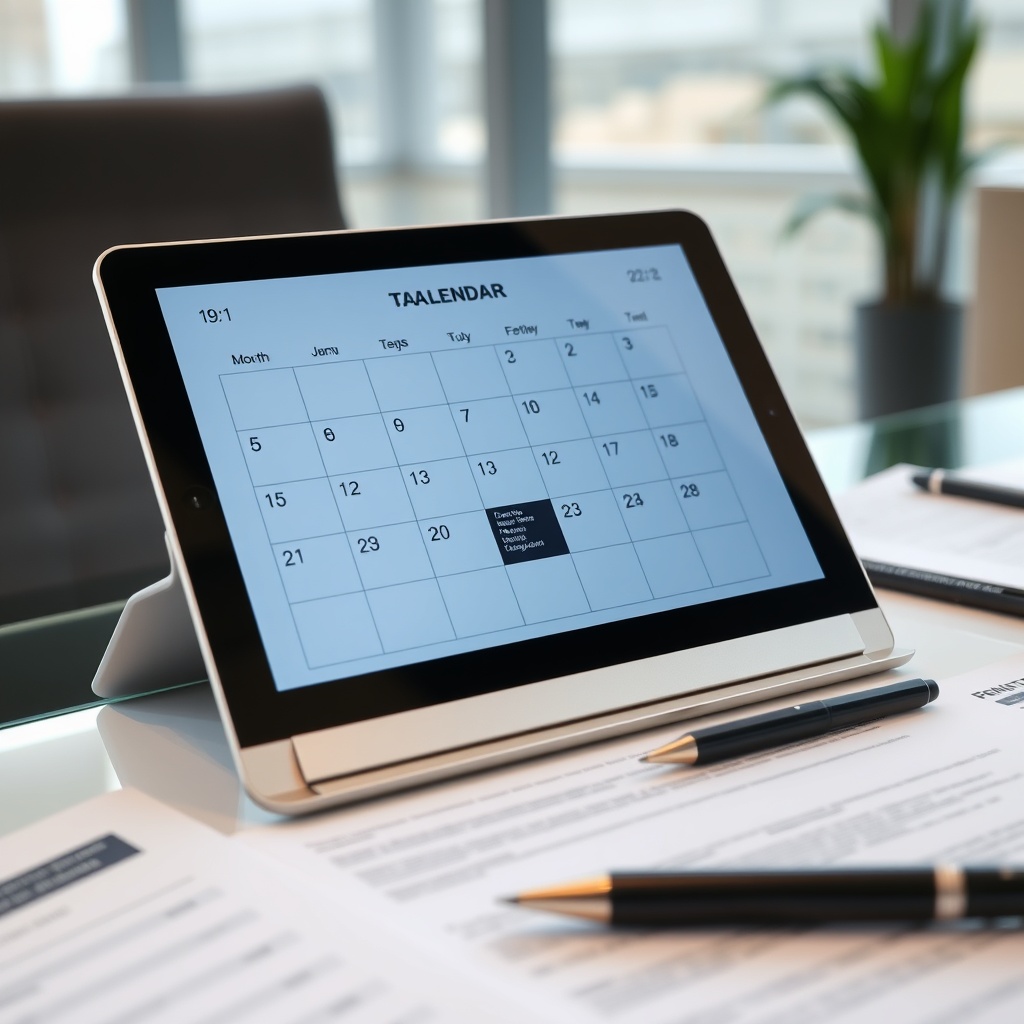 Professional stock photo of a digital calendar on a sleek tablet or laptop screen, with key dates highlighted, set on a modern desk with a pen and organized paperwork, symbolizing tax deadlines and compliance schedules.