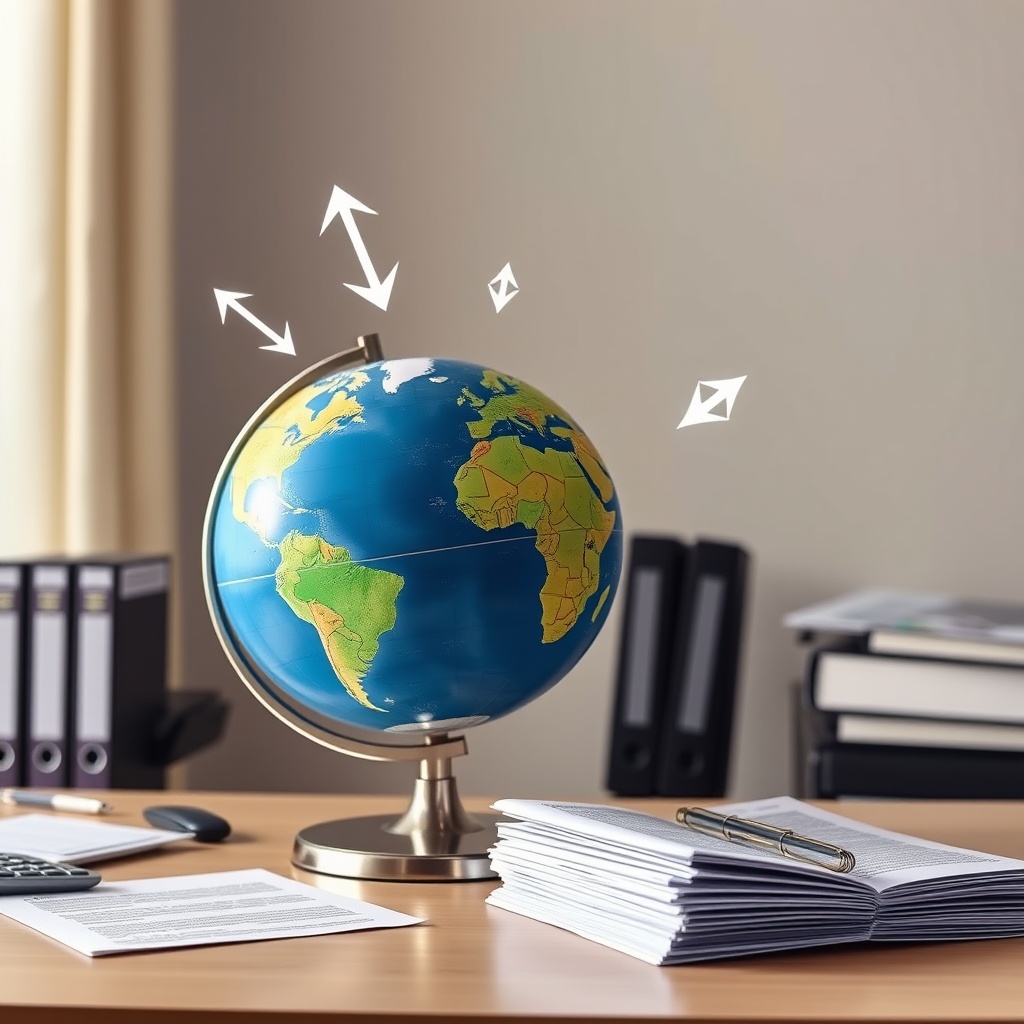 Professional stock photo depicting international finance, with a globe on a desk, arrows representing cross-border fund flows, and documents symbolizing profit repatriation and dividend distribution agreements.