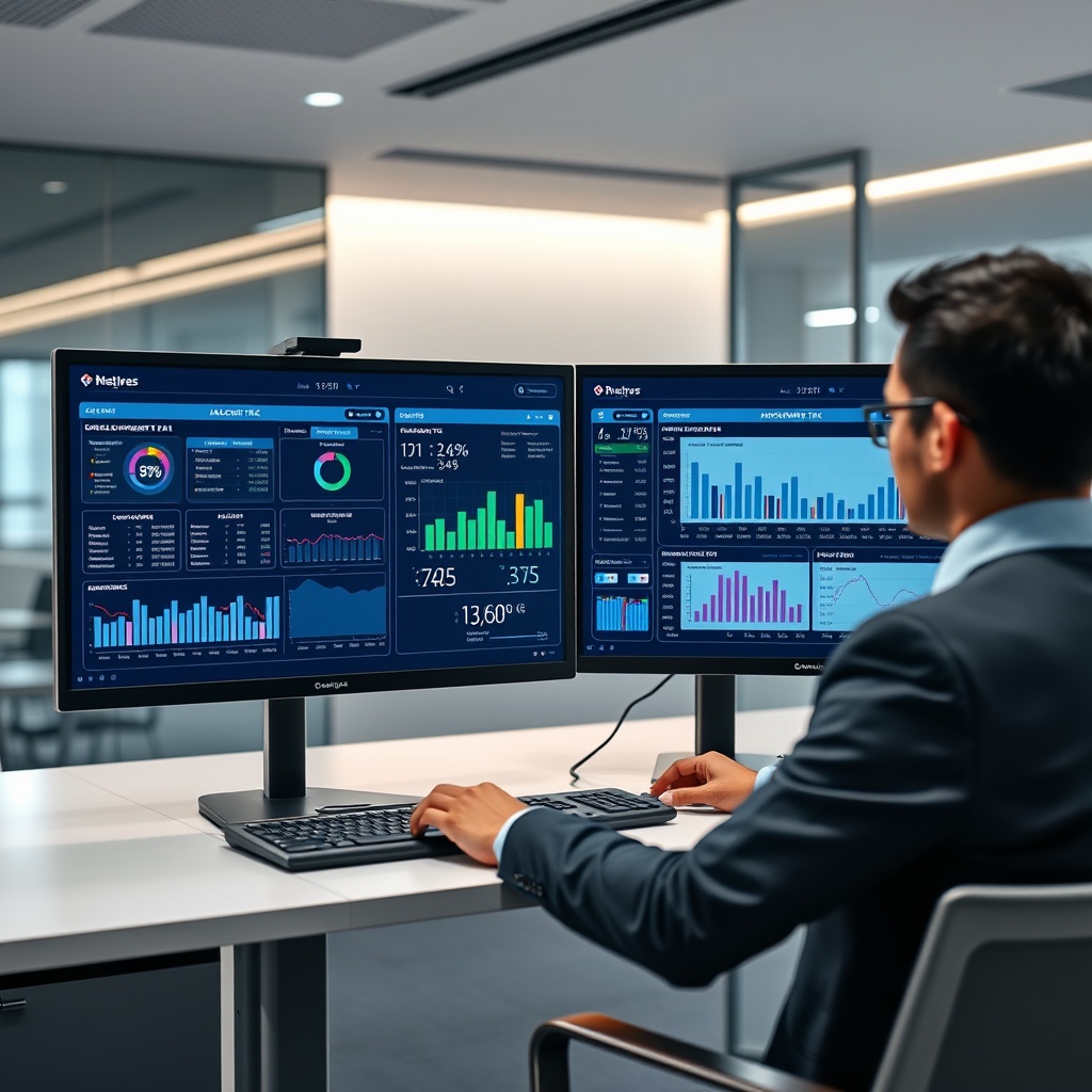 A professional stock photo of a modern tax administration interface on dual monitors in a sleek office, with a business professional analyzing integrated VAT and corporate tax data, representing digital tax management and compliance.