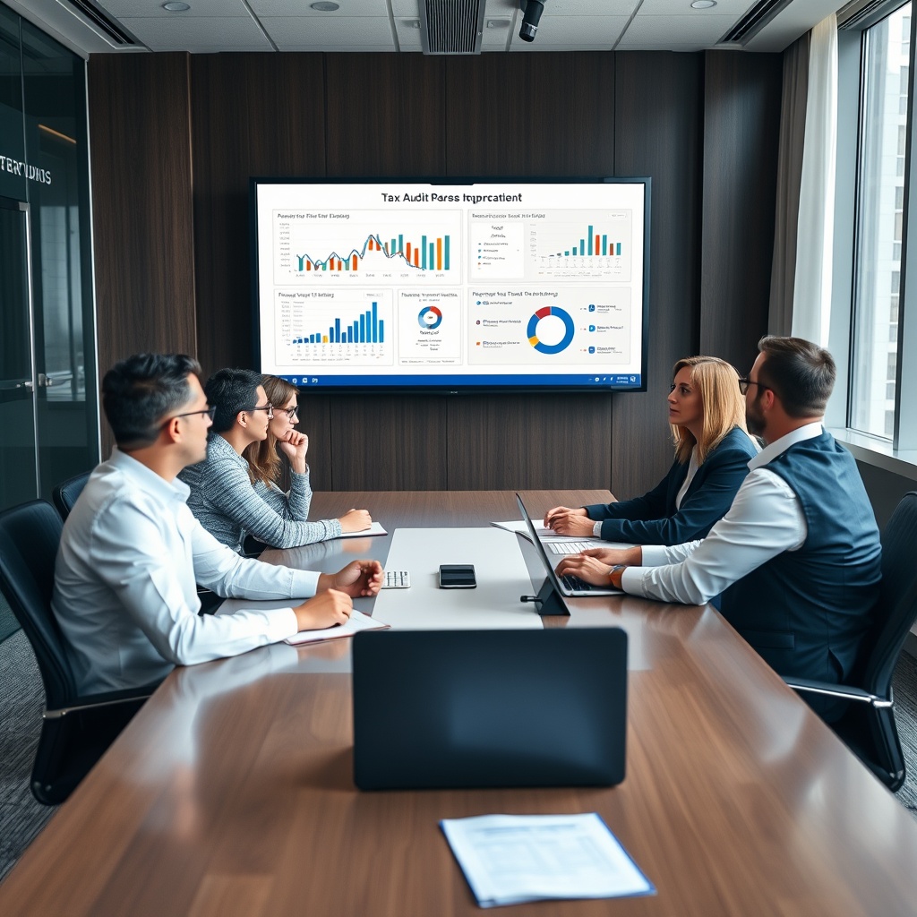 A professional stock photo of a team in a corporate boardroom conducting a risk assessment meeting, with charts and analytics on a screen, focusing on tax audit preparation and compliance strategies.