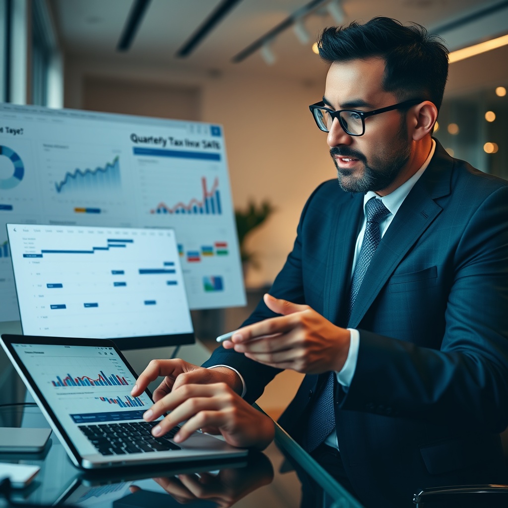 Professional stock photo of a foreign investor implementing quarterly tax strategy with calendar, portfolio charts, and regulatory update notifications on digital devices, modern financial workspace.