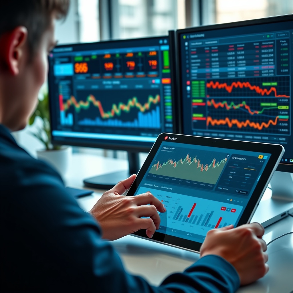 Professional stock photo of a person using a tablet showing cryptocurrency tax software dashboard with charts and data, with a second monitor displaying exchange reports, in a bright, contemporary workspace.