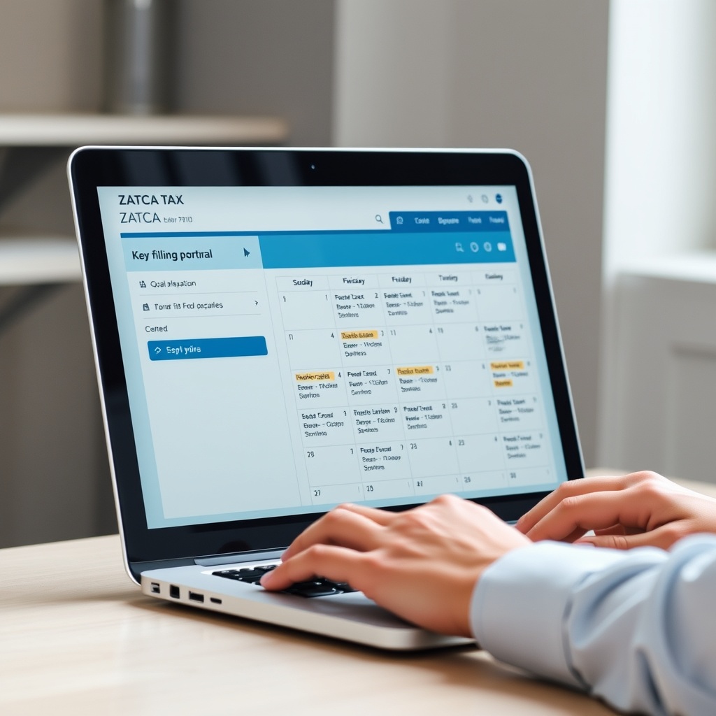 Professional stock photo of a person working on a laptop with the ZATCA tax portal open, calendar visible with key dates highlighted, representing tax filing procedures and deadlines.