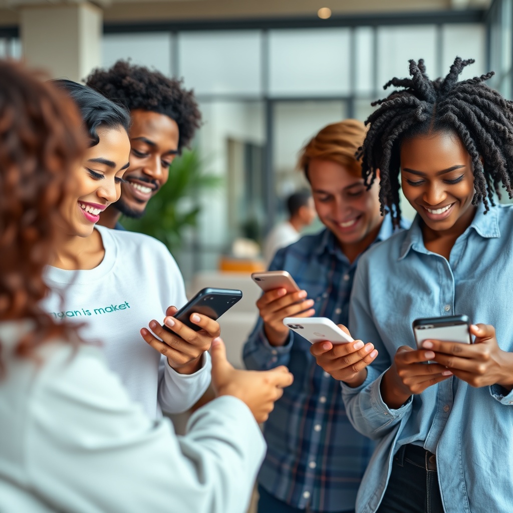 Professional stock photo of diverse consumers using mobile banking apps with personalized financial dashboards, showcasing enhanced financial management tools and improved access to services in a contemporary setting.