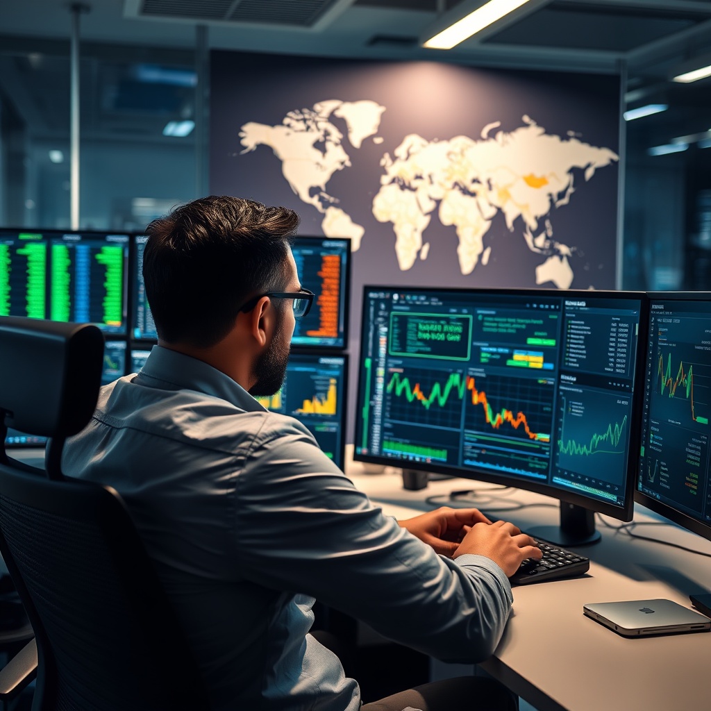 Professional stock photo of a person in a modern office analyzing cryptocurrency transaction data on multiple screens, with a world map and financial charts in the background, representing taxable crypto events for expats.