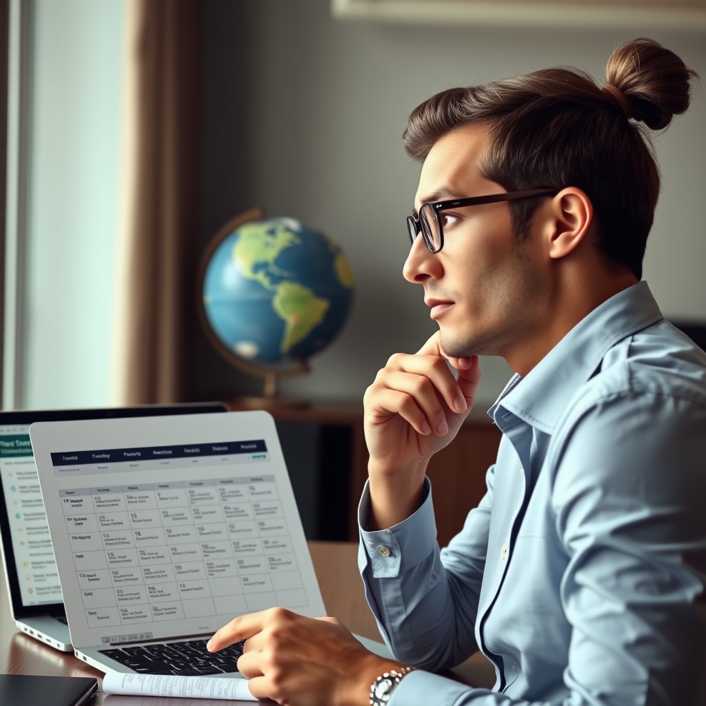 Professional stock photo of a person looking thoughtfully at a calendar marked with future dates, with a laptop showing regulatory news headlines and a globe in the background, in a sophisticated office environment.
