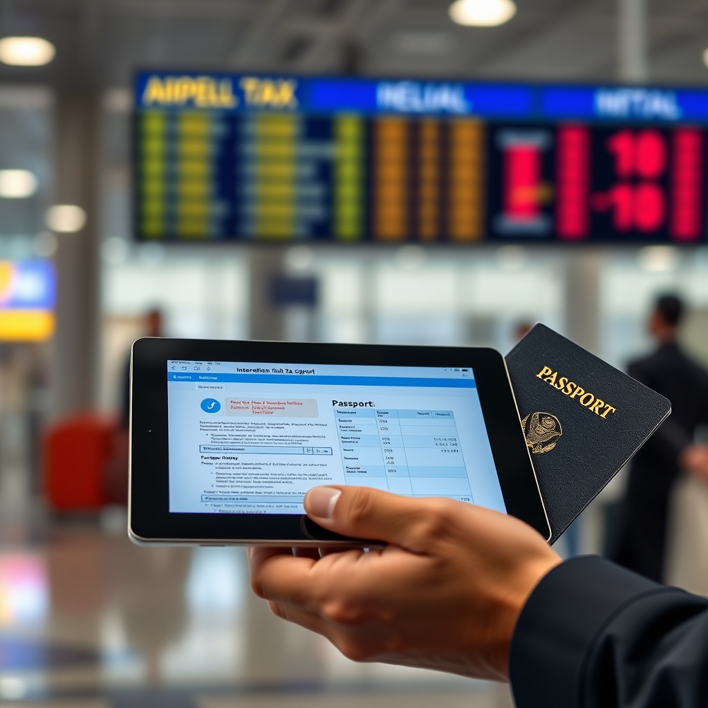 Professional stock photo of a person holding a passport and digital tablet showing international tax forms, with a blurred airport terminal and currency exchange board in the background, symbolizing cross-border tax considerations.