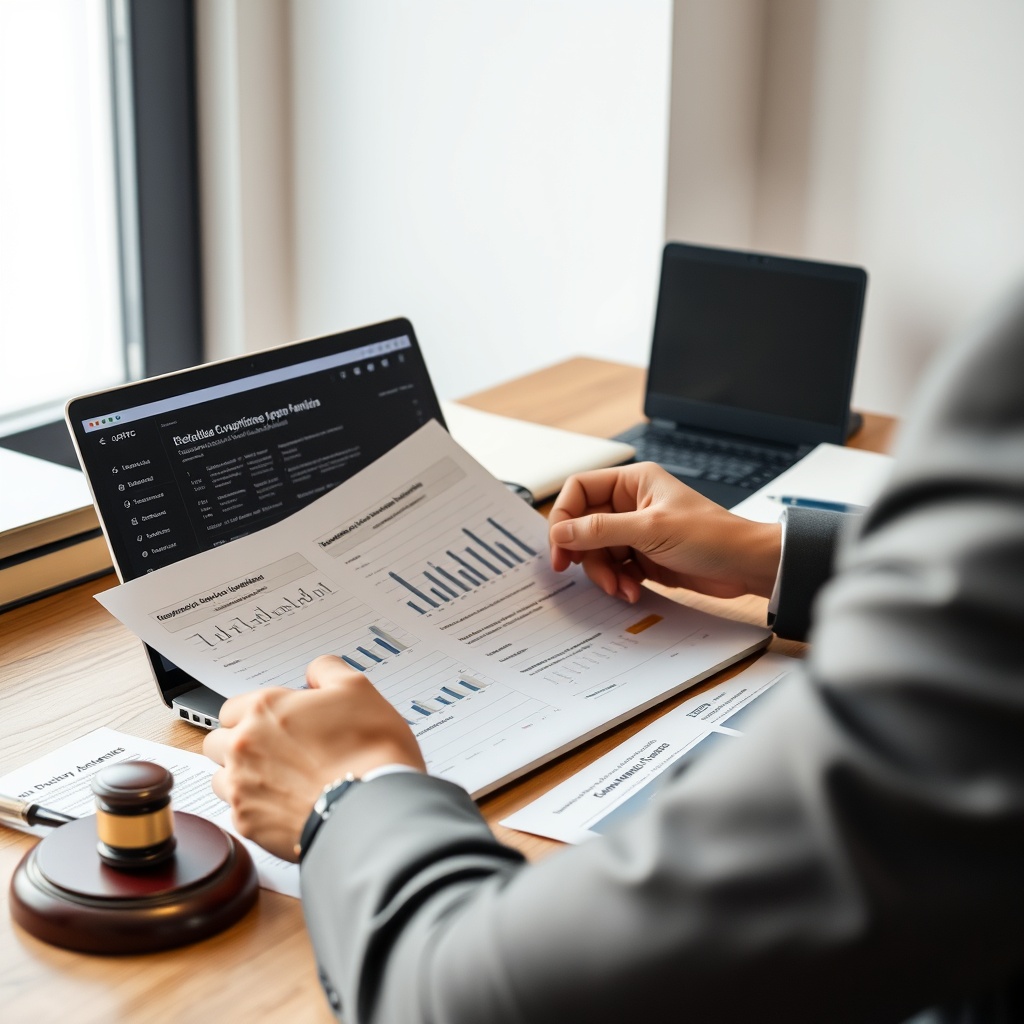 Professional stock photo of a person in business attire reviewing legal compliance documents on a desk with a laptop displaying blockchain analytics, representing regulatory obligations beyond taxation.