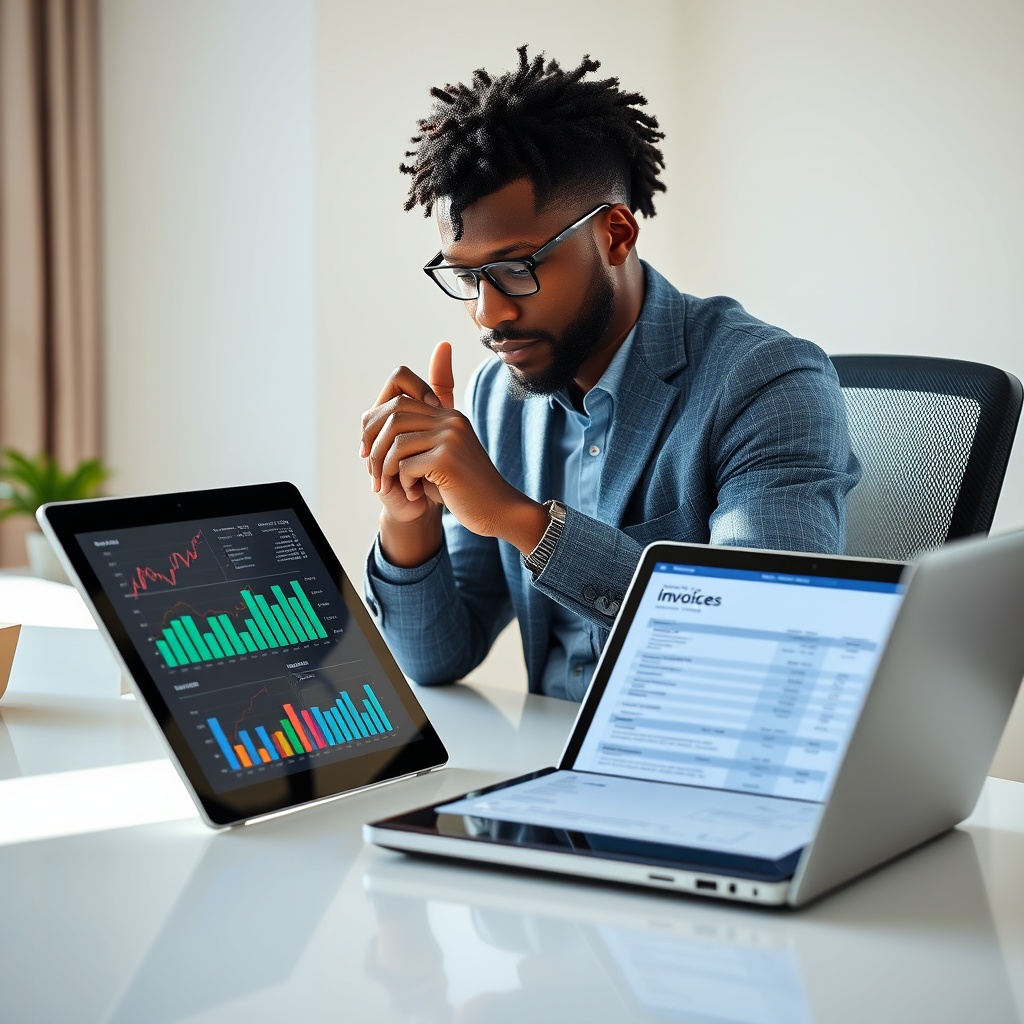 Professional stock photo of a Senegalese freelancer at a modern desk, thoughtfully analyzing a digital tablet displaying colorful financial charts and graphs, with a laptop open showing an invoice template, in a bright, minimalist home office setting with natural light.