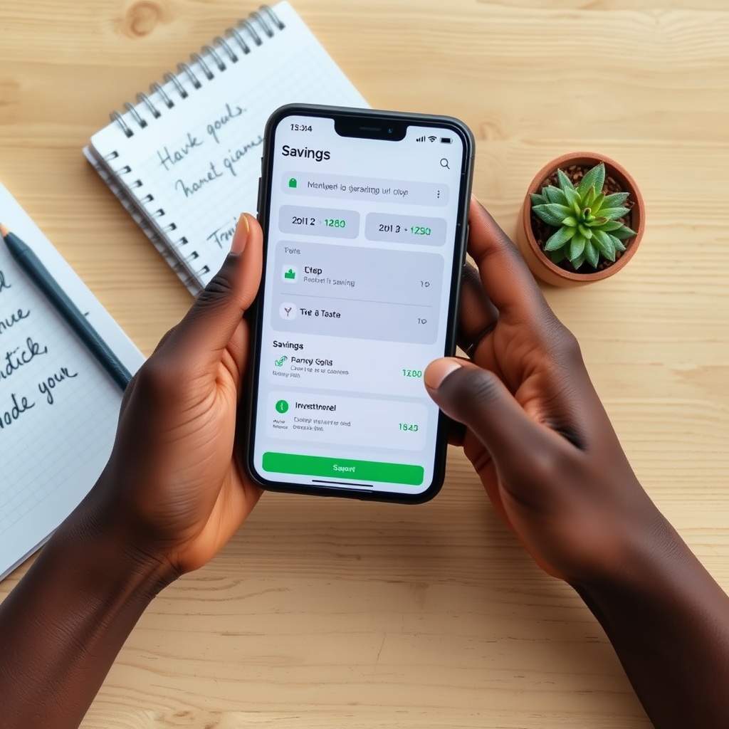 Professional stock photo of a Senegalese freelancer's hands holding a smartphone displaying a mobile banking app interface with savings and investment options, next to a notebook with handwritten financial goals and a small potted plant on a wooden table.