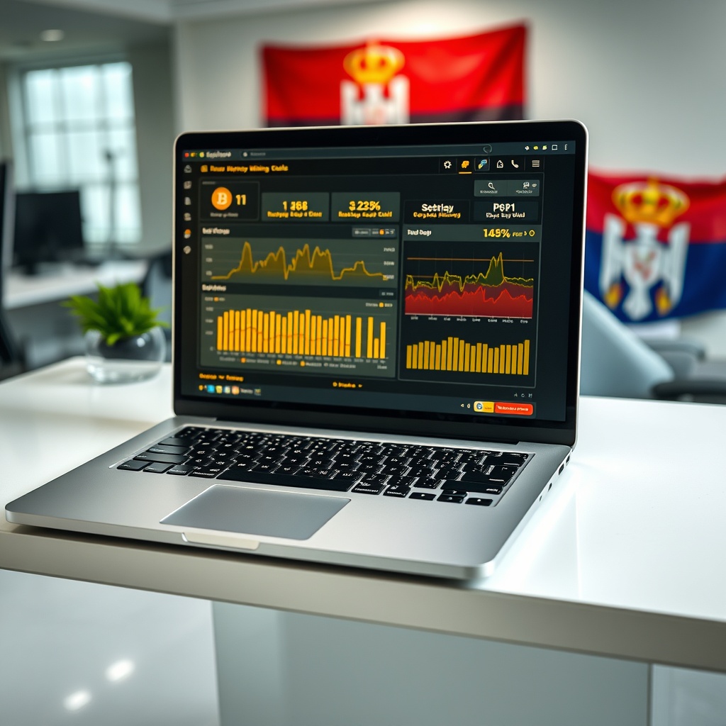 Professional stock photo of a modern laptop displaying cryptocurrency mining dashboard with glowing graphics, placed on a clean desk in a contemporary office setting, with subtle Serbian flag colors in the background.