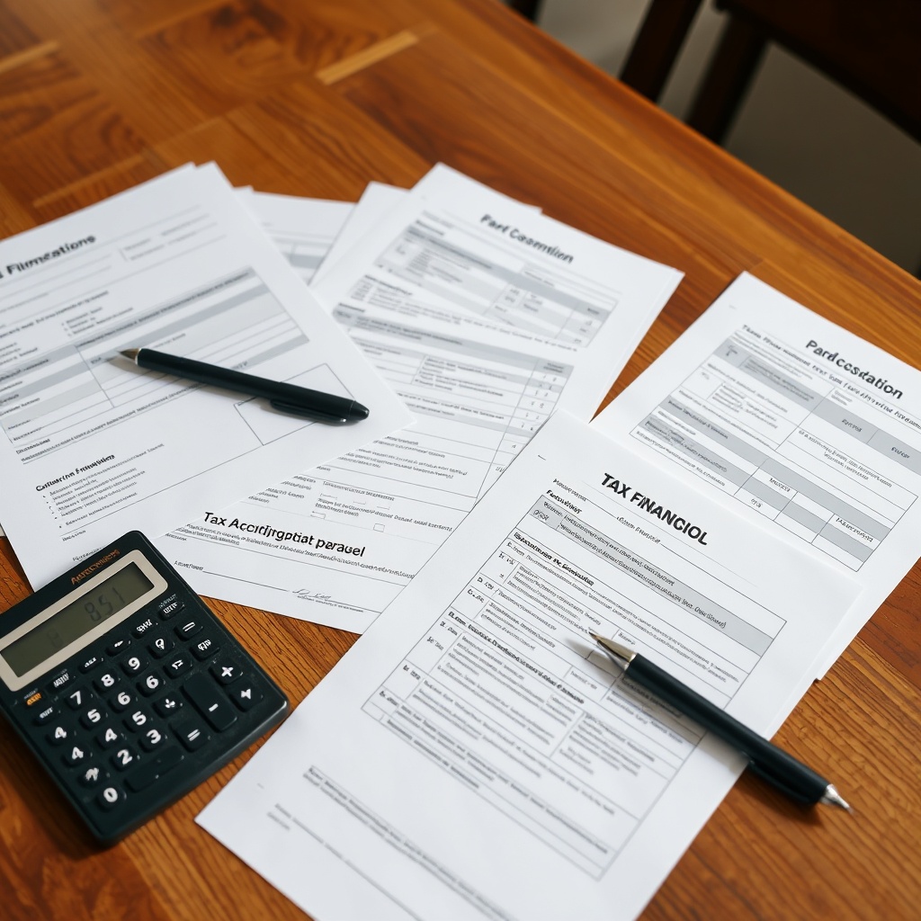 Professional stock photo of organized financial documents and tax forms neatly arranged on a wooden table, with a calculator and pen nearby, representing systematic record-keeping and calculation processes.