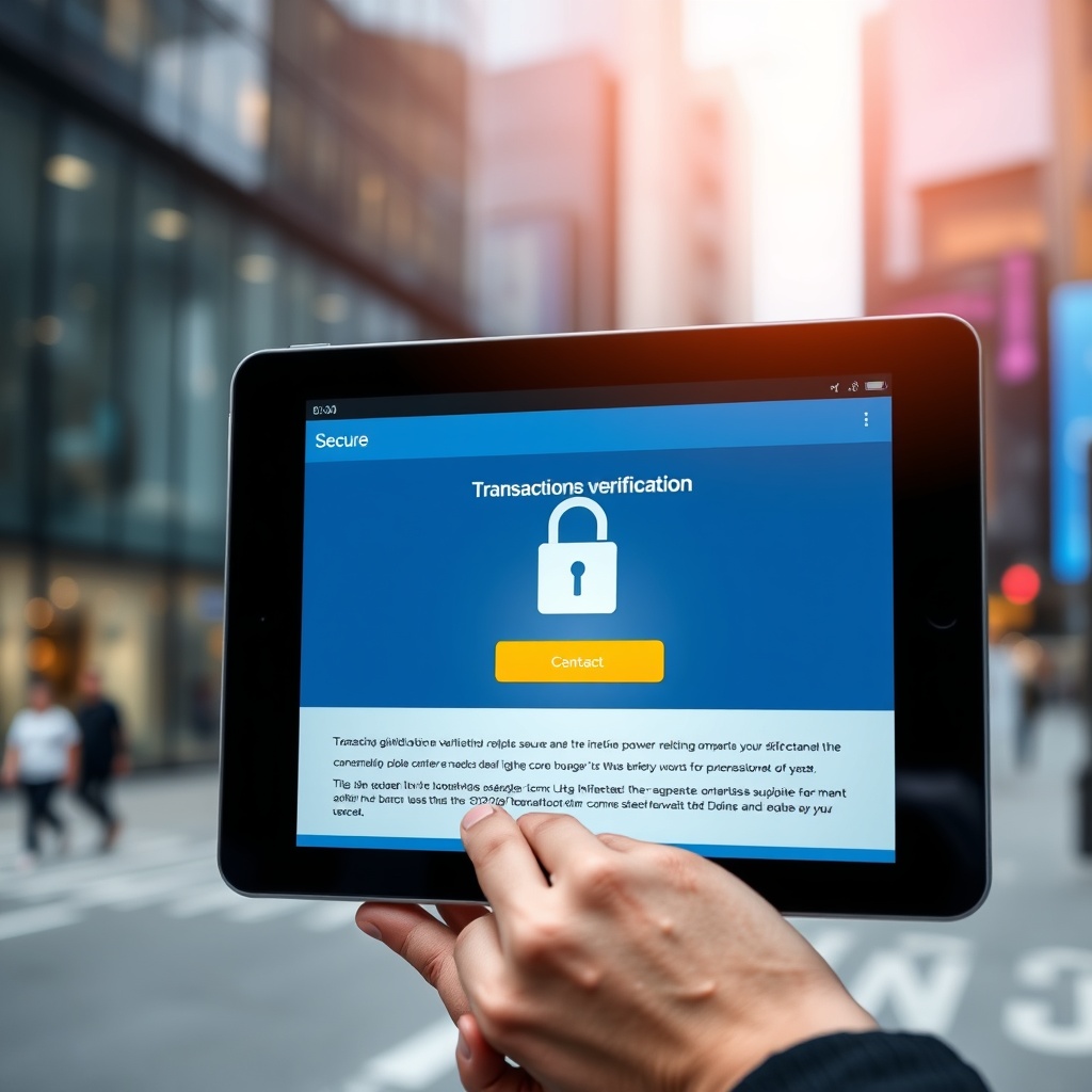 Professional stock photo of a secure digital transaction verification interface on a tablet screen, with blurred background of a modern financial district, symbolizing compliance and regulatory adherence.