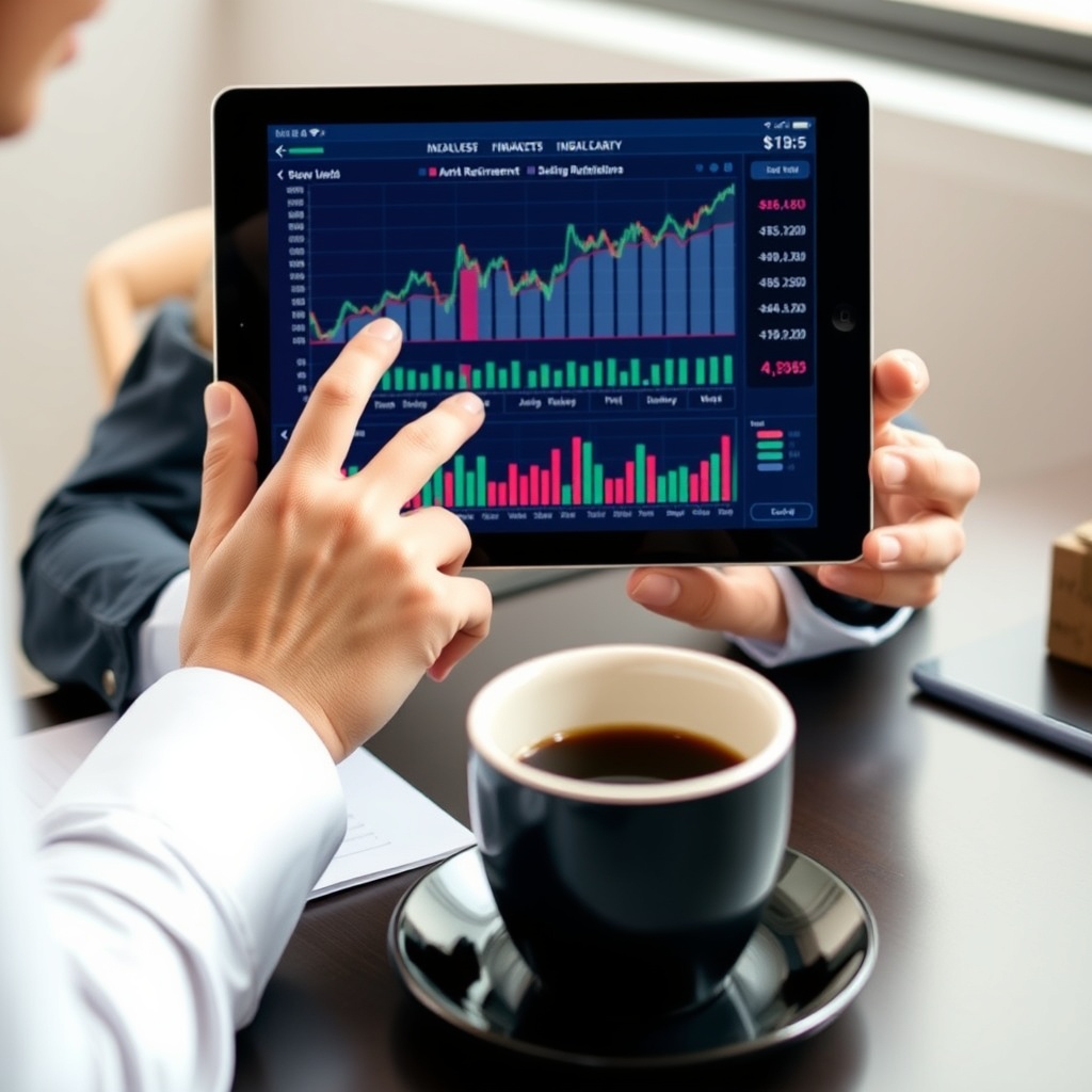 Professional stock photo of a person planning retirement finances, looking at a tablet showing investment charts, with a coffee cup on a desk, conveying future security.