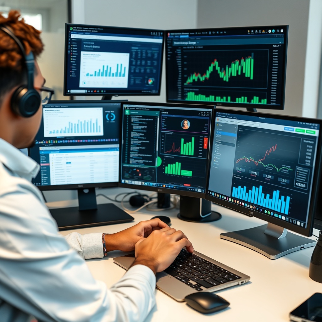 Professional stock photo of a freelancer using digital financial management tools on multiple screens, with apps and software interfaces visible, in a clean workspace.