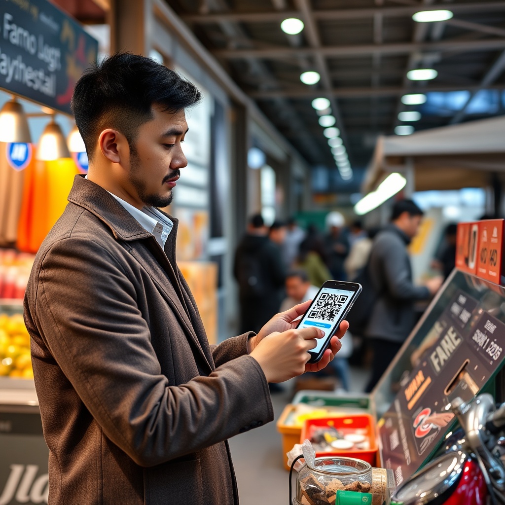 Professional stock photo of a Mongolian professional using a smartphone with a QR code payment interface at a modern market stall, showcasing digital payment adoption in urban Mongolia, high-quality commercial style, no text.