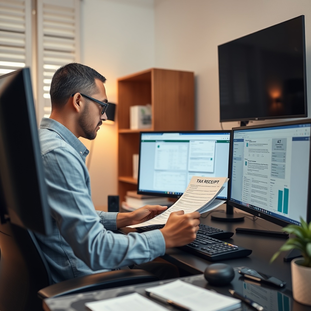 Professional stock photo of a focused freelancer in a home office in Seychelles, efficiently organizing tax documents and receipts with digital tools on a dual-monitor setup, emphasizing compliance and preparedness.