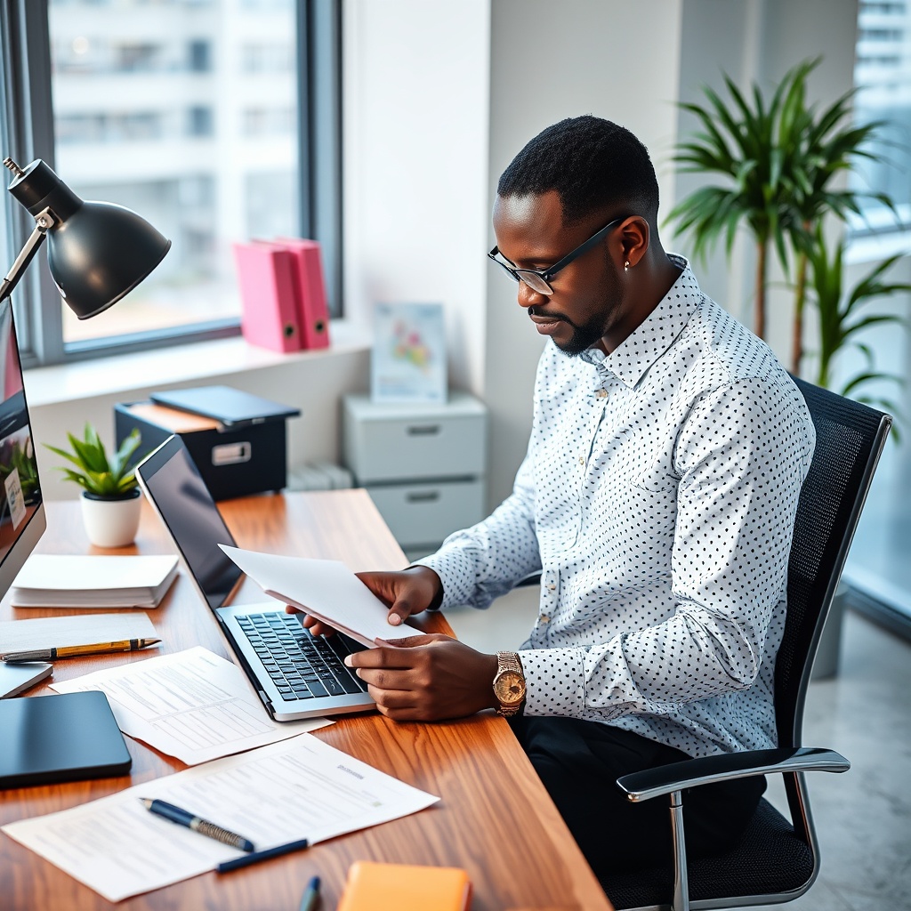 Professional stock photo of a Sierra Leonean freelancer at a modern workspace, organizing financial documents and setting up a dedicated business bank account on a laptop, with clear separation of personal and business items visible.