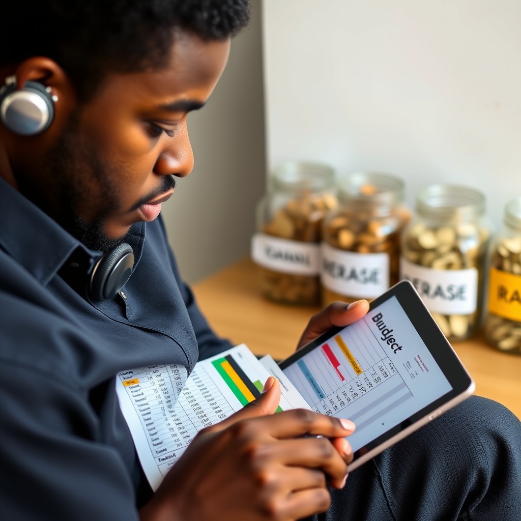 Professional stock photo of a freelancer in Sierra Leone reviewing a detailed budget spreadsheet on a tablet, with cash reserve jars labeled for different purposes in the background, symbolizing financial stability and cash flow management.