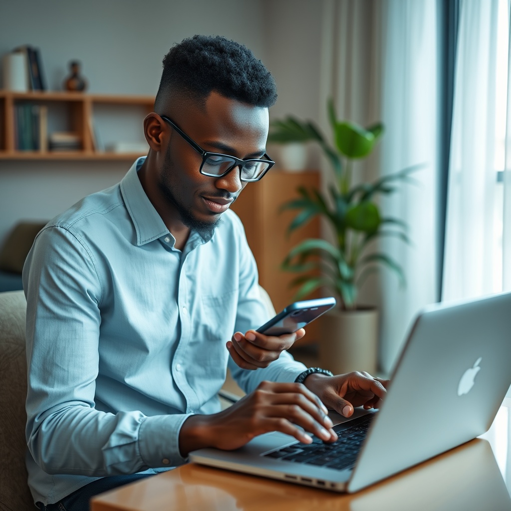Professional stock photo of a freelancer in Sierra Leone using a smartphone and laptop simultaneously to access financial technology apps for accounting, expense tracking, and financial planning in a contemporary home office setting.
