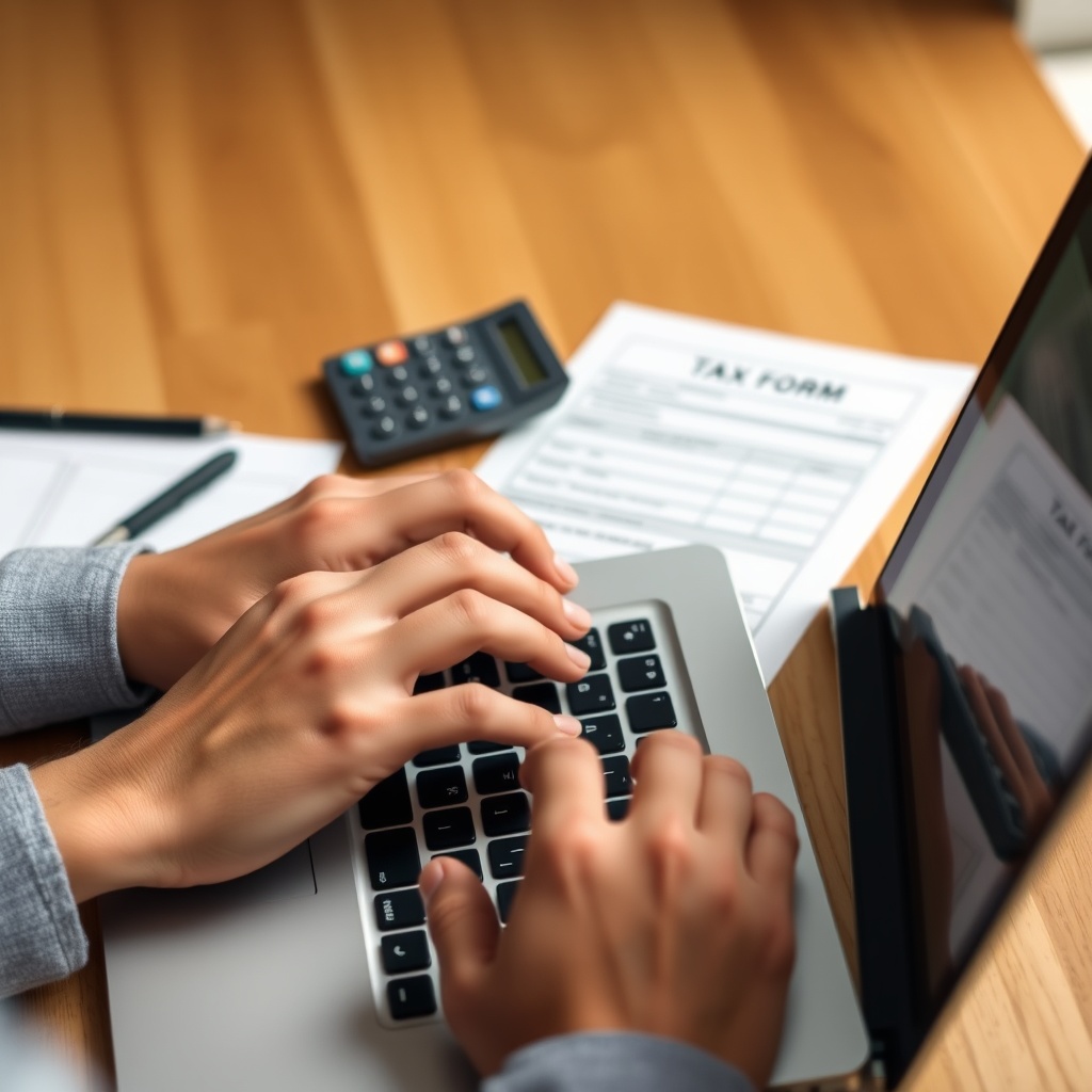 A professional stock photo of a person's hands typing on a laptop keyboard, with a tax form and calculator visible on the desk, representing the process of choosing and completing tax forms.