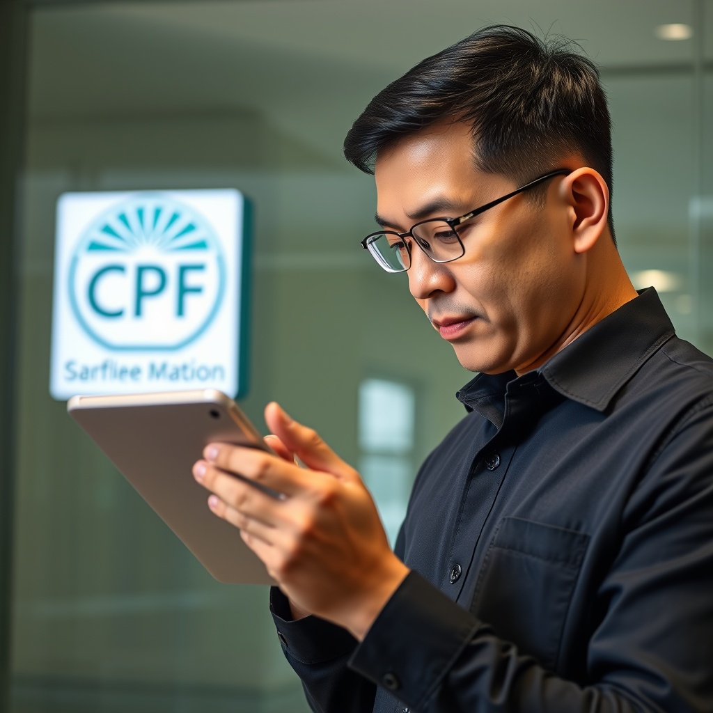 A professional stock photo of a focused individual reviewing a digital tablet displaying financial charts, with a CPF logo subtly in the background, symbolizing mandatory contribution planning.