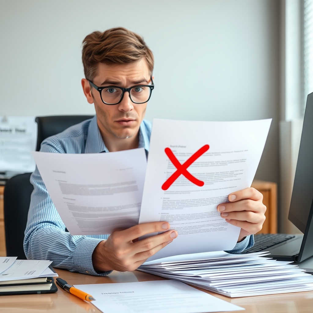 A professional stock photo of a person looking concerned while reviewing paperwork at a desk, with a red 'X' mark on one document, illustrating common filing mistakes.