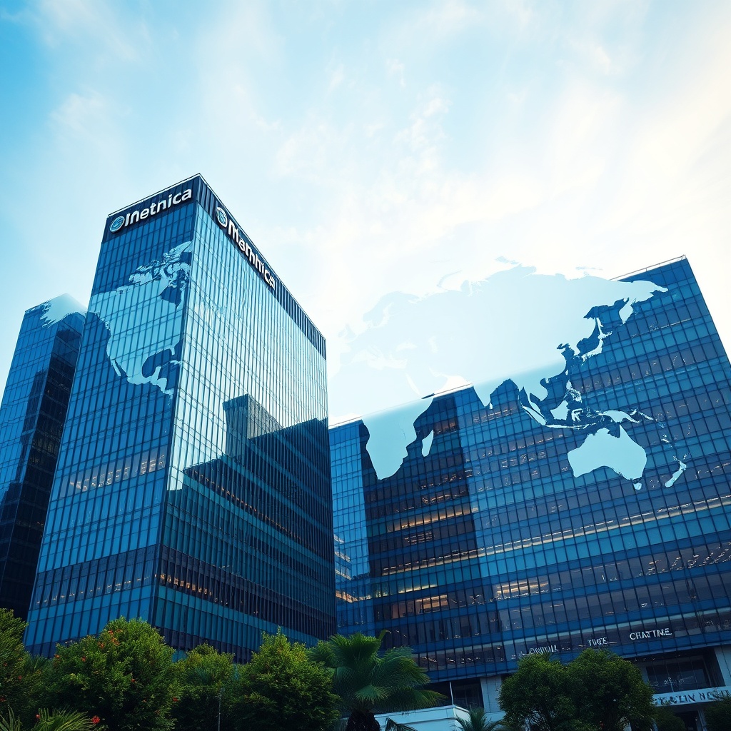 Professional stock photo of a multinational corporation's global headquarters building with a world map in the background, representing international tax applicability and revenue thresholds.