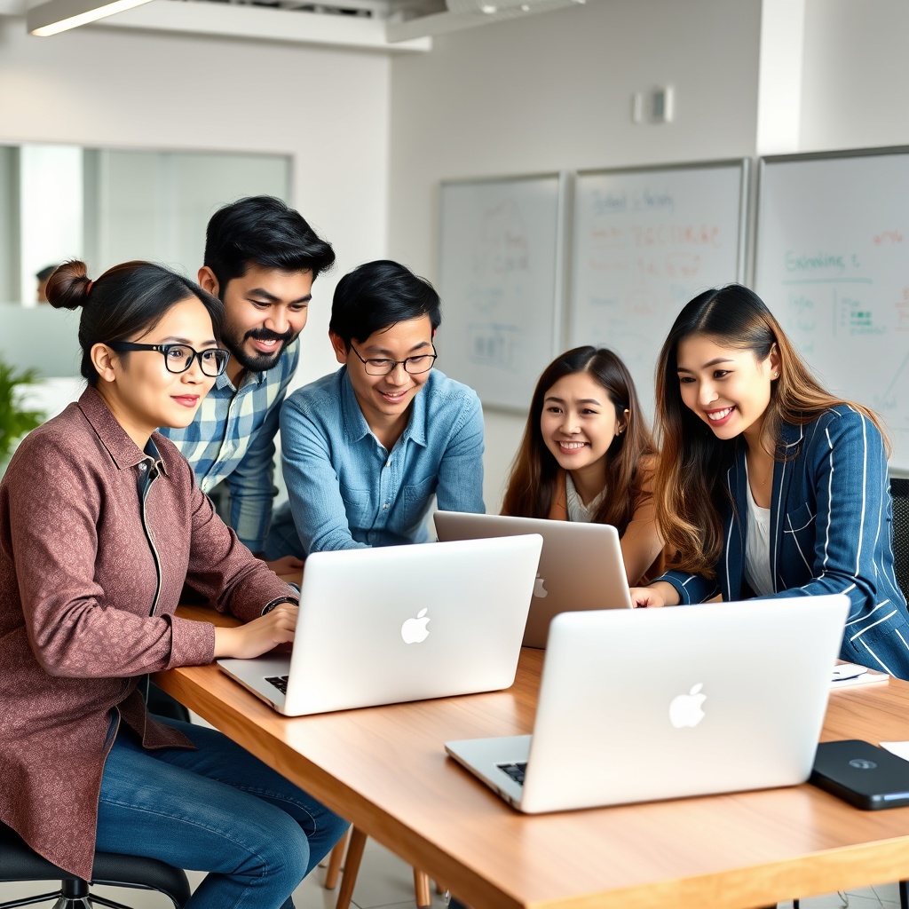 Professional stock photo of diverse Mongolian tech professionals collaborating in a modern office with laptops and whiteboards, highlighting talent development and skills gap solutions, high-quality commercial style, no text.